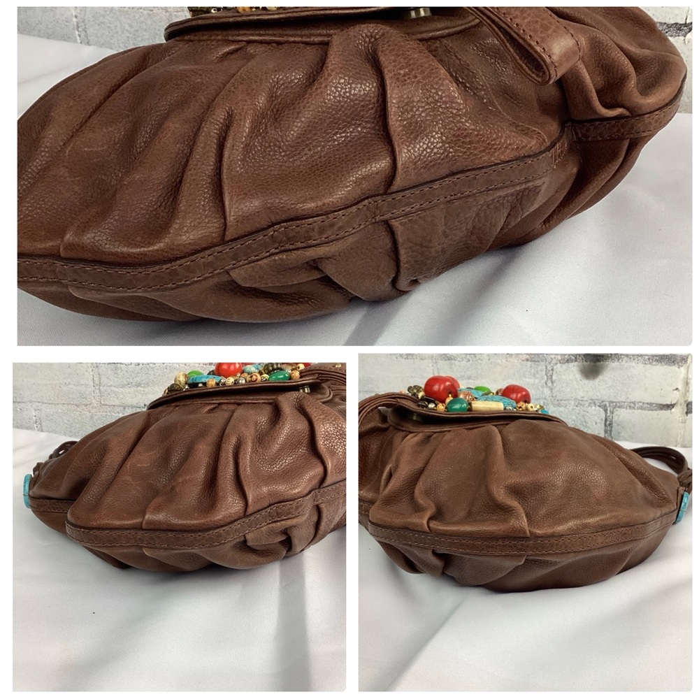 Cole Haan G Series Brown Leather Purse Natural Stone & Coral Accents - Picture 9 of 12